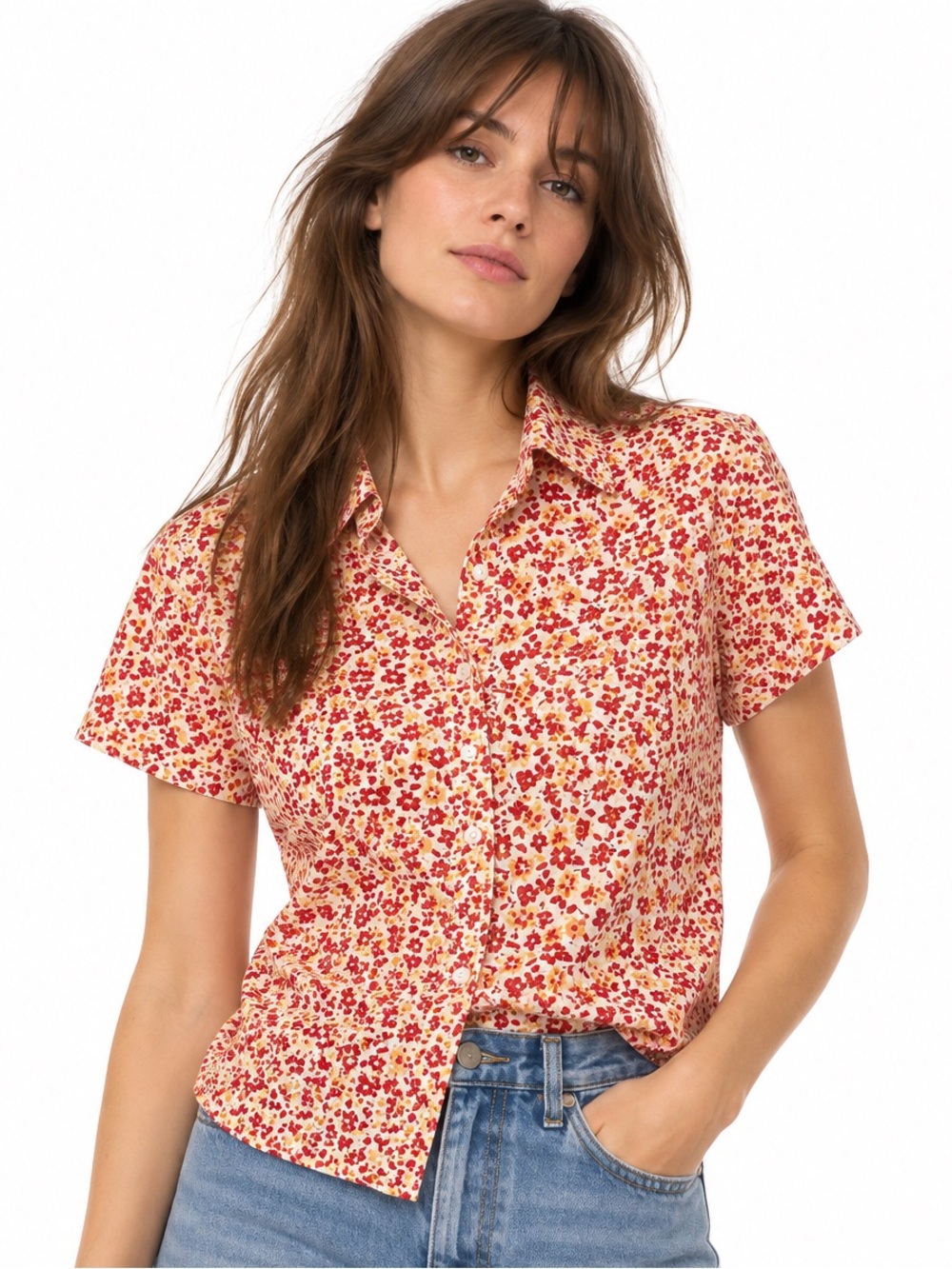 Vintage Simply Basic Ditsy Floral Button-Up Shirt Red Yellow – L